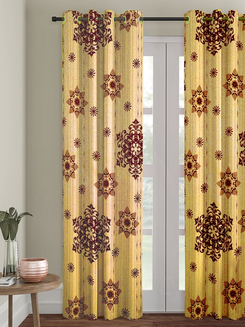 Ethnic Floral Printed Velvet Polyester Door Curtain - Beige & Maroon